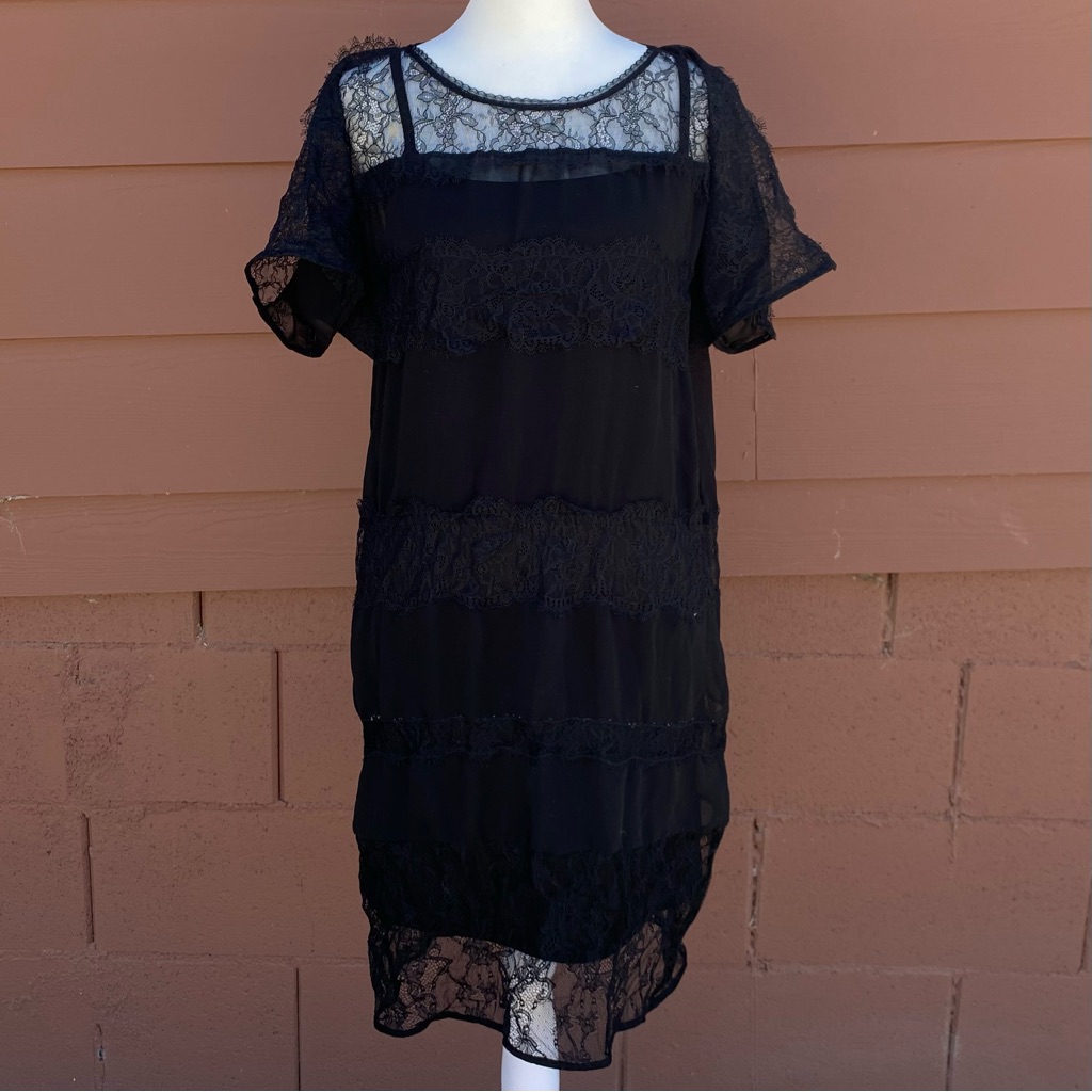 Sandro Black Lace Silk Short Sleeve Mini Dress - Size 3 (Small)